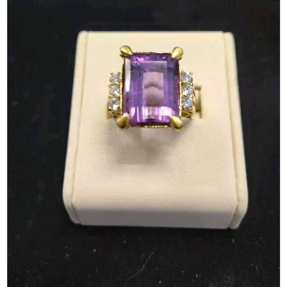 Amethyst Ring Size 10 Gold Plated 925 Sterling Silver Emerald Cut 16mmx12mm & CZ - Picture 1 of 5